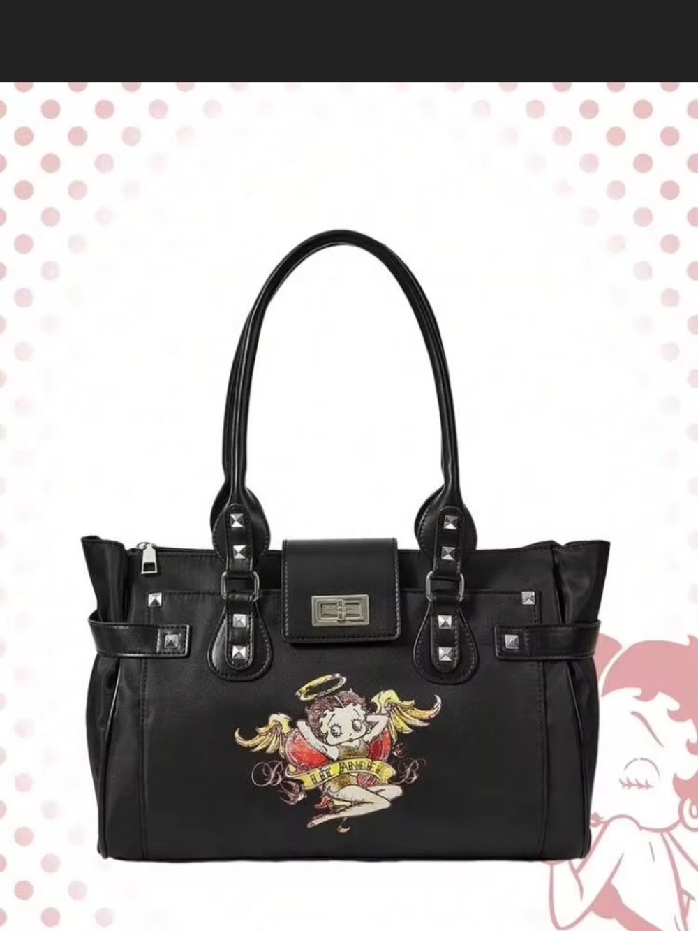 Betty Boop Black Studded Tote with Colorful Graphic